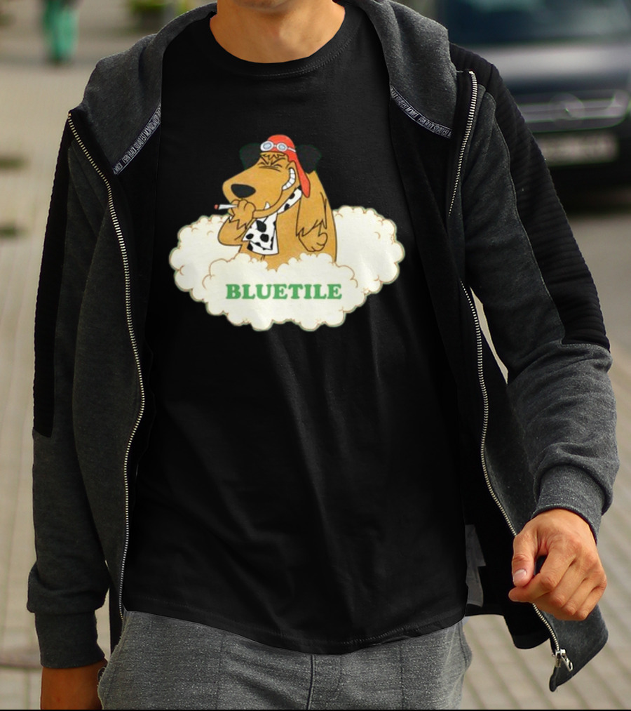 Bluetile Smiling Dog With Aviator Goggles And Bone Scarf In Clouds T-Shirt