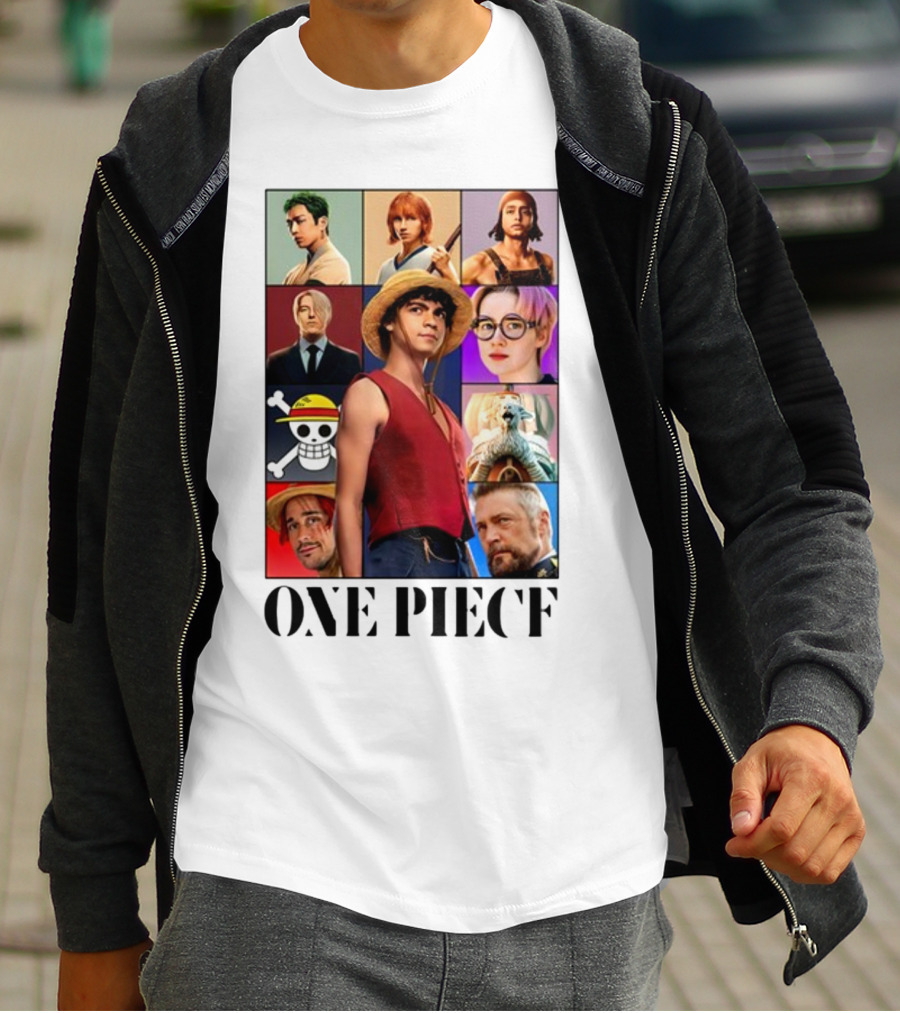 One Piece Characters Collage With Skull And Straw Hat T-Shirt