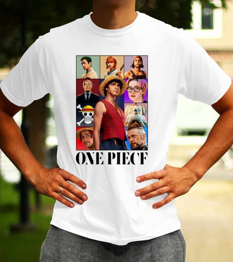 One Piece Characters Collage With Skull And Straw Hat T-Shirt