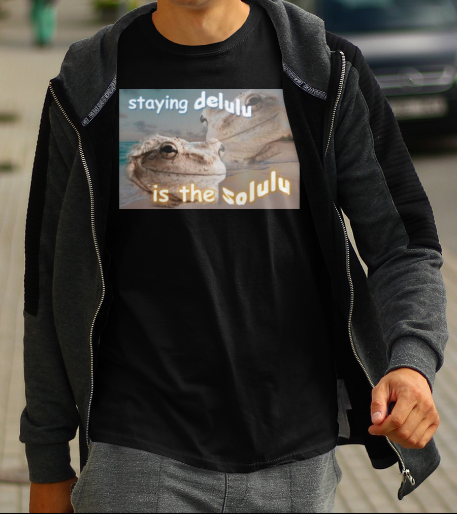 Staying Delulu Is The Solulu Frog Meme Beach Reflection T-Shirt