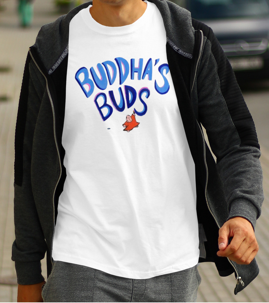 Buddha's Buds Blue Lettering With Cartoon Figure T-Shirt