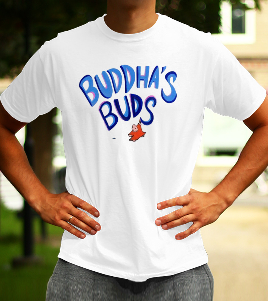 Buddha's Buds Blue Lettering With Cartoon Figure T-Shirt