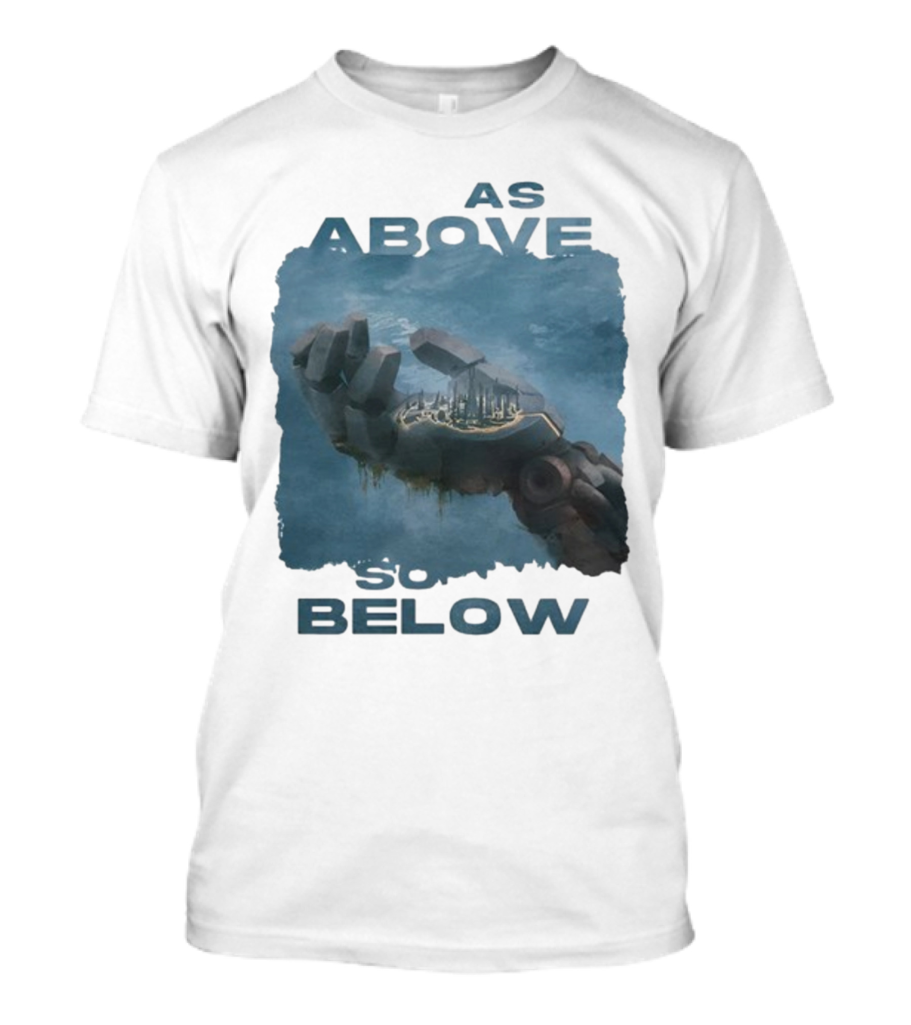 Essenger X Cryoshell As Above So Below Robotic Hand Holding Cityscape T-Shirt