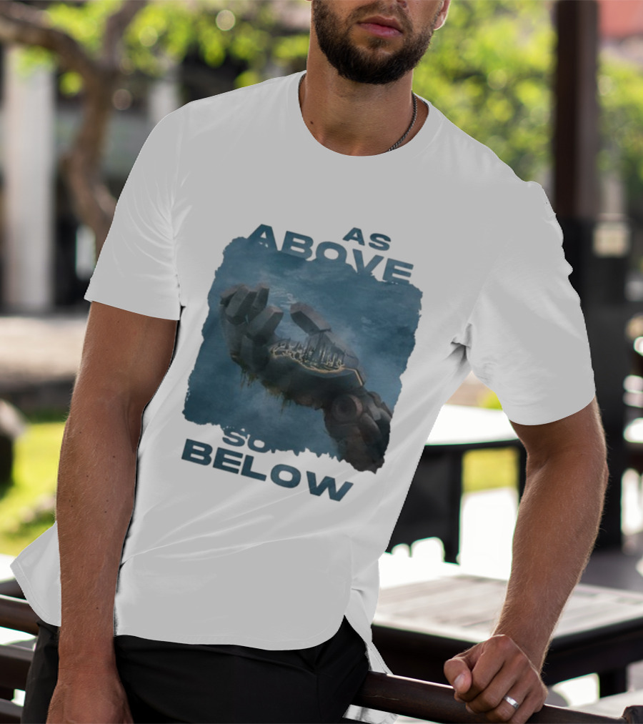 Essenger X Cryoshell As Above So Below Robotic Hand Holding Cityscape T-Shirt