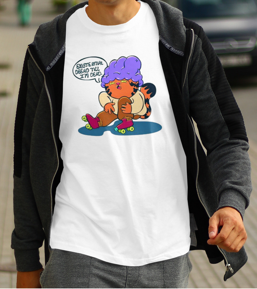 Existential Dread Till I'm Dead Funny Roller Skating Tiger With Purple Hair T-Shirt