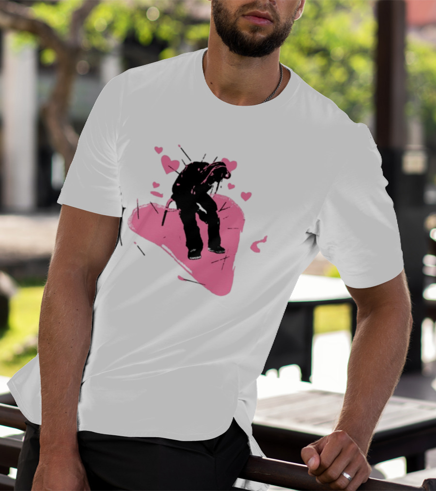 Drokenji Hearts White Pink Heart Black T-Shirt
