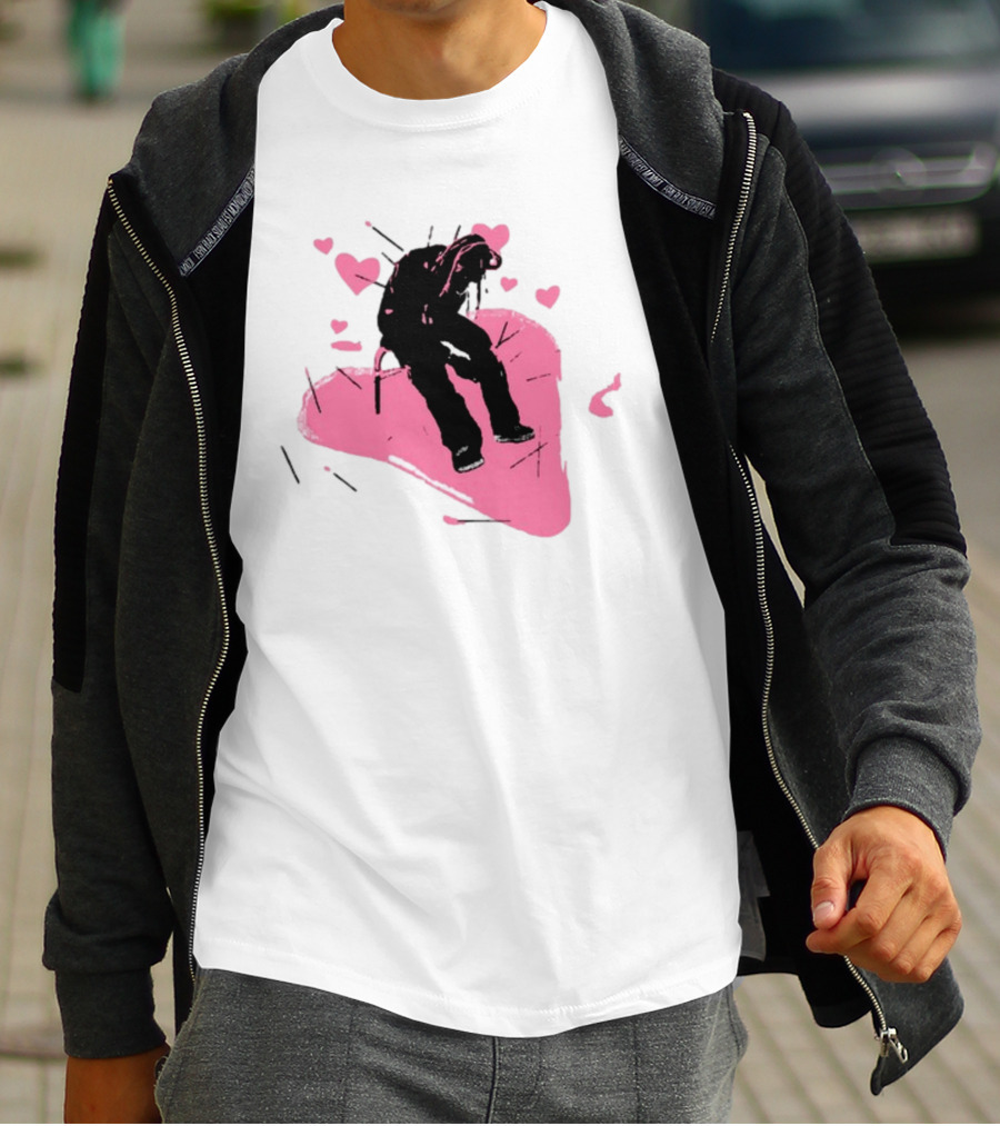 Drokenji Hearts White Pink Heart Black T-Shirt