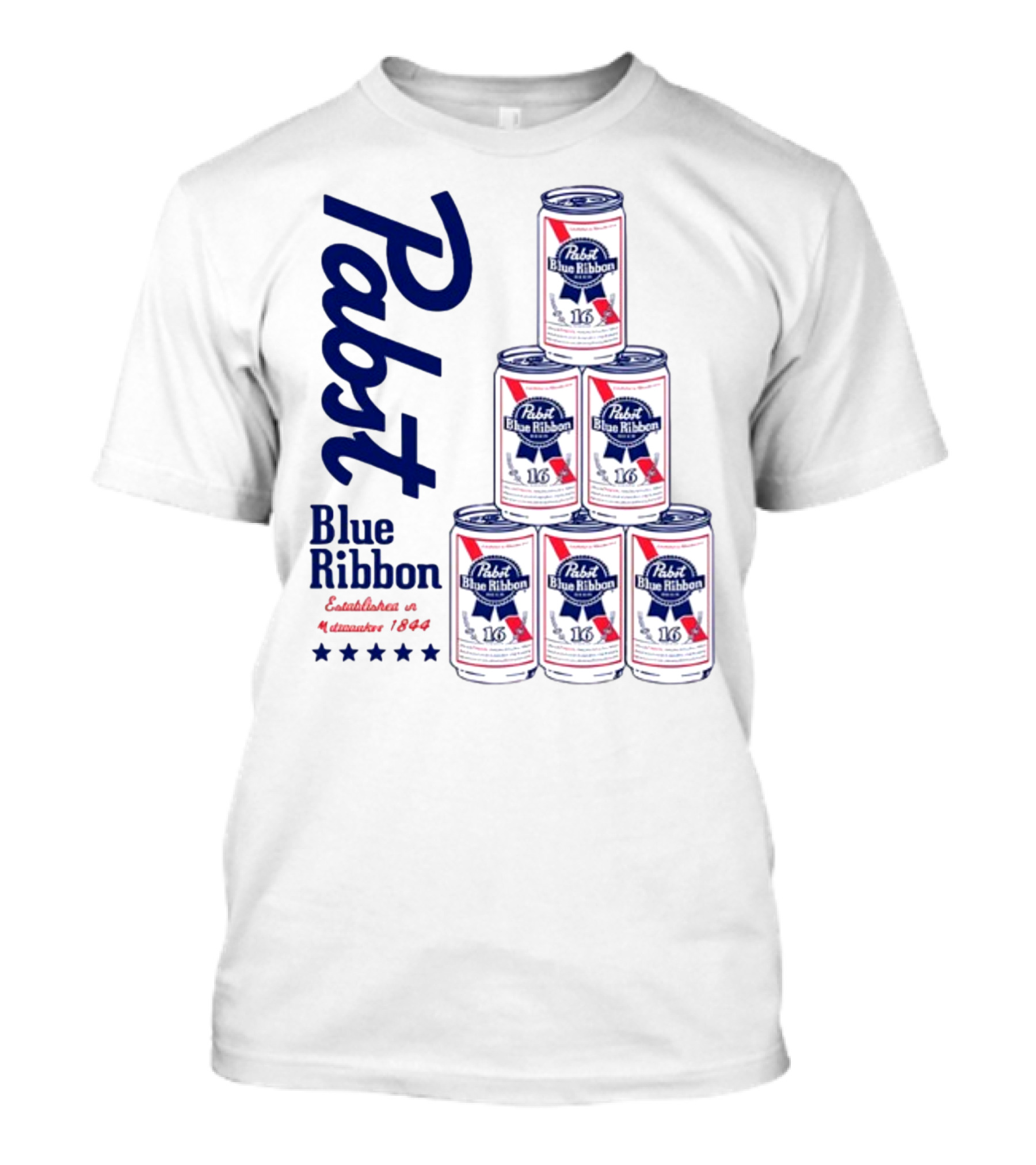 Pabst Blue Ribbon Beer Can Pyramid Established 1844 T-Shirt