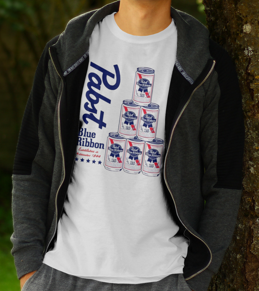 Pabst Blue Ribbon Beer Can Pyramid Established 1844 T-Shirt