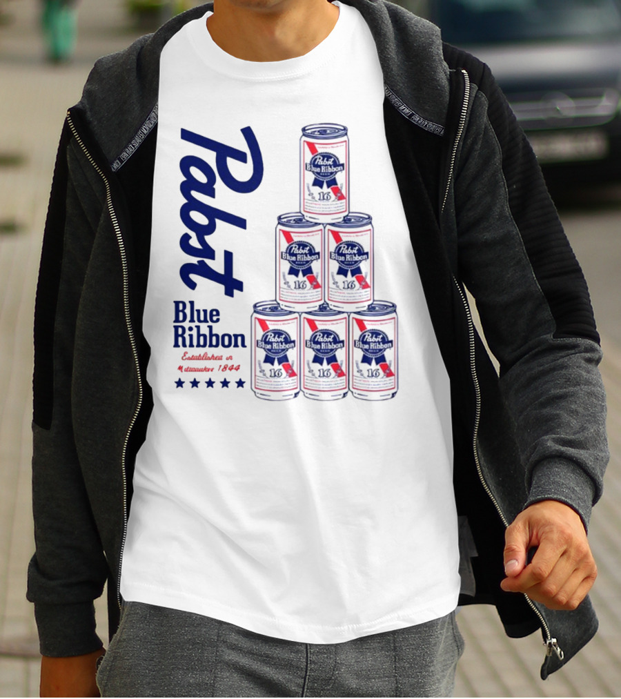 Pabst Blue Ribbon Beer Can Pyramid Established 1844 T-Shirt