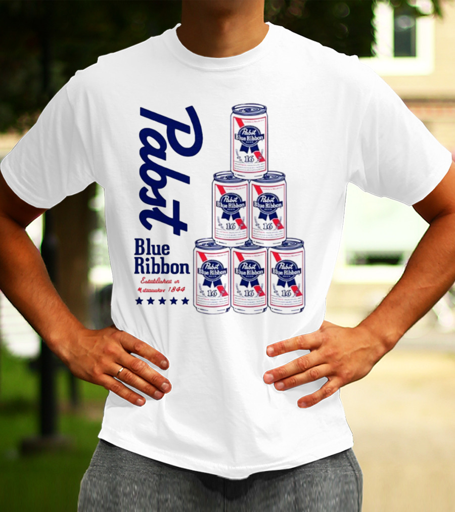 Pabst Blue Ribbon Beer Can Pyramid Established 1844 T-Shirt
