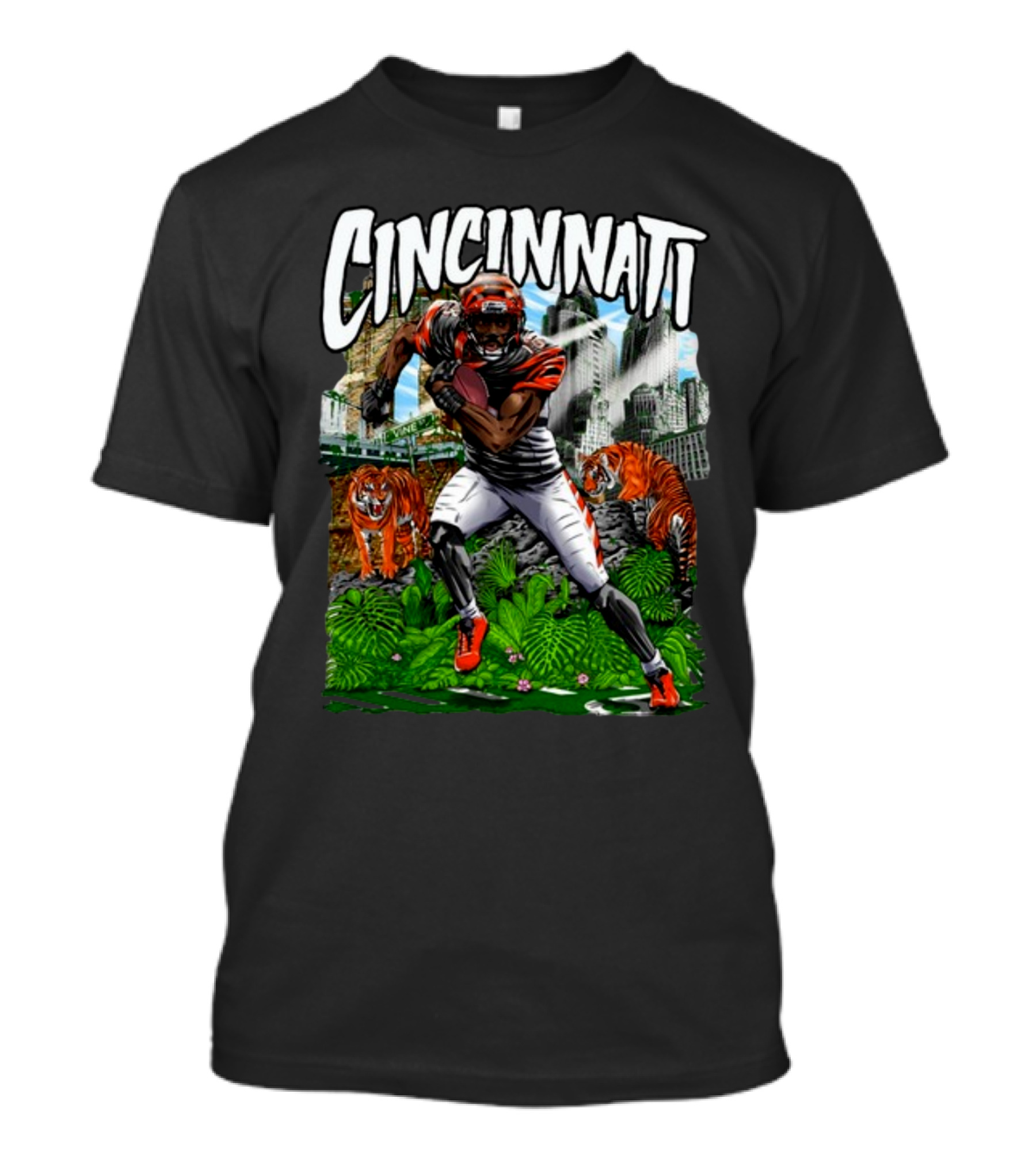 Cincinnati Jungle Football Player With Tigers And City Skyline T-Shirt