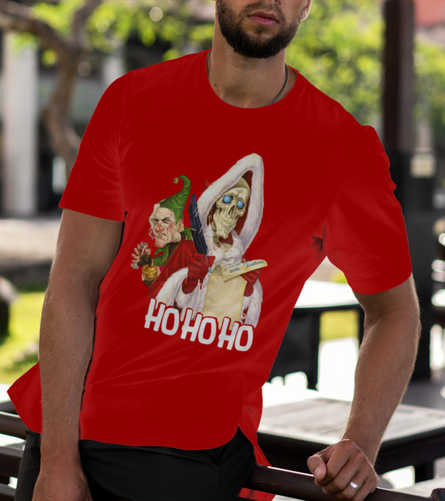Ho Ho Ho Death With Albert Hogs Santa Skeleton And Elf T-Shirt