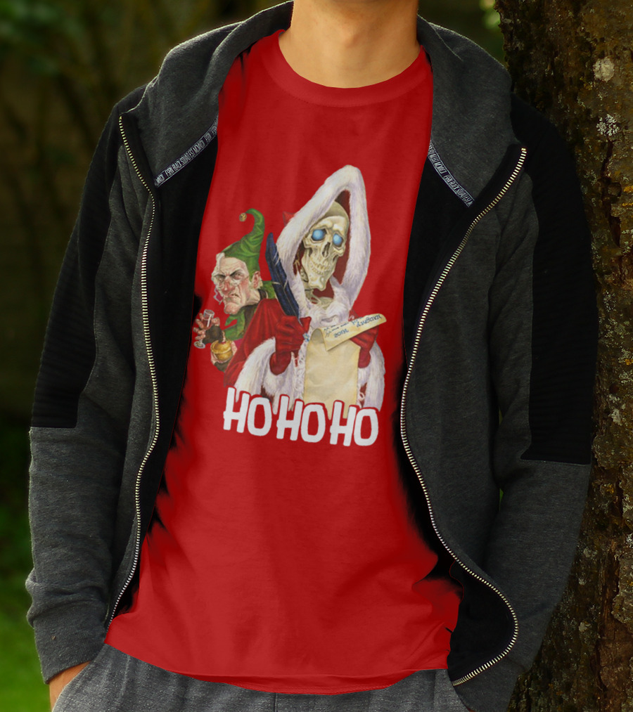 Ho Ho Ho Death With Albert Hogs Santa Skeleton And Elf T-Shirt