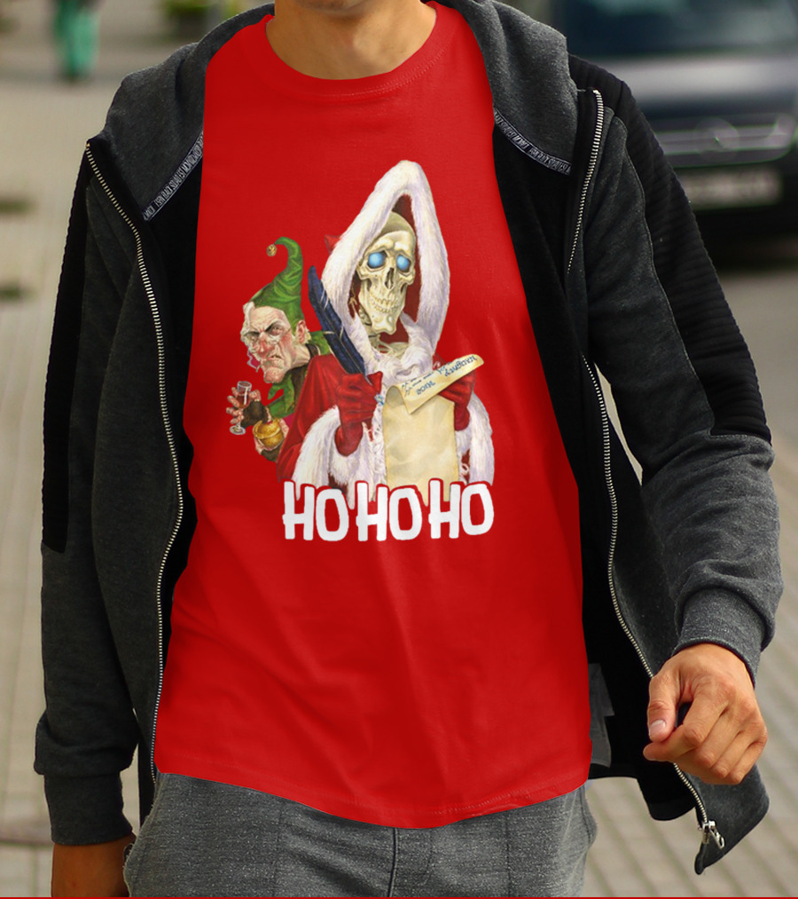 Ho Ho Ho Death With Albert Hogs Santa Skeleton And Elf T-Shirt