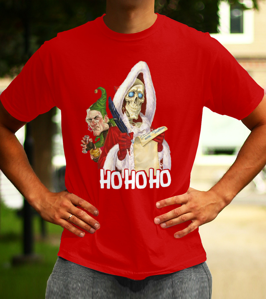 Ho Ho Ho Death With Albert Hogs Santa Skeleton And Elf T-Shirt
