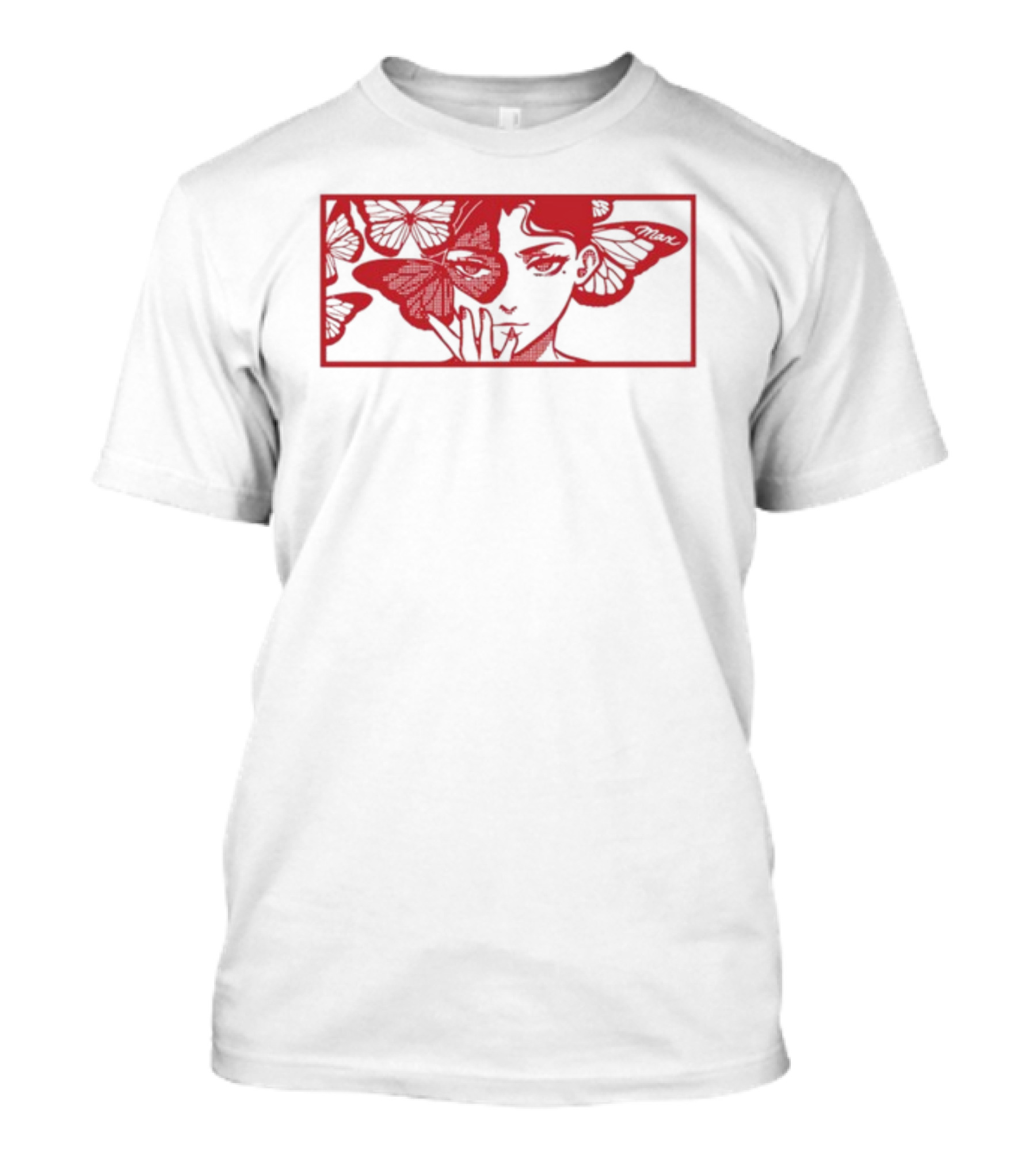 Maxmusic Enigmatic Red Butterflies And Woman In Rectangular Frame T-Shirt