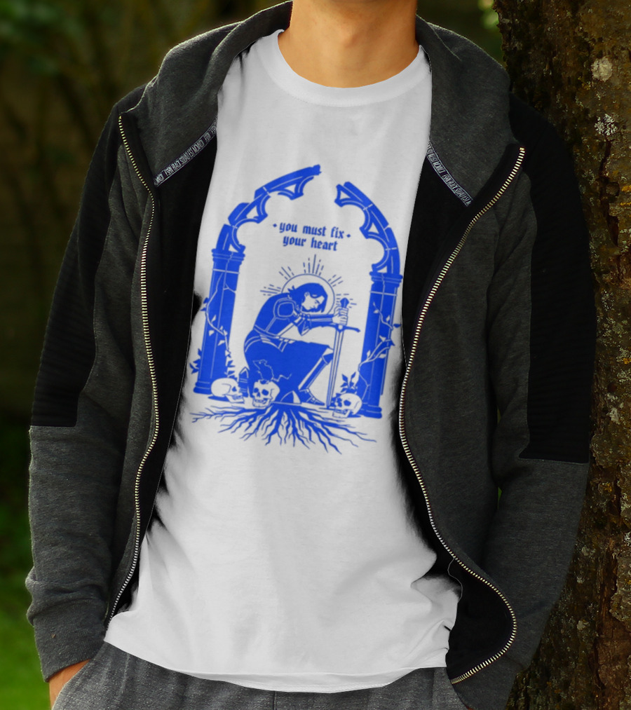 You Must Fix Your Heart Kneeling Skeleton With Sword And Skull Gothic Arch T-Shirt