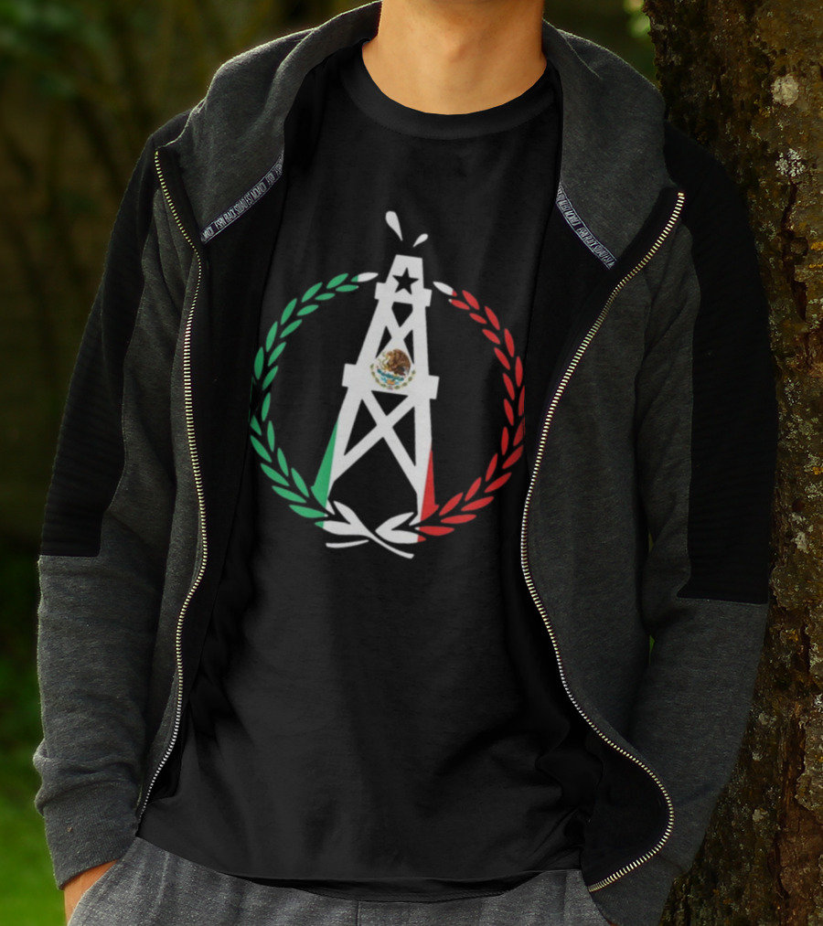 Oiler Mobb Mexican Independence Day Oil Rig Logo With Mexican Flag Laurel Wreath T-Shirt