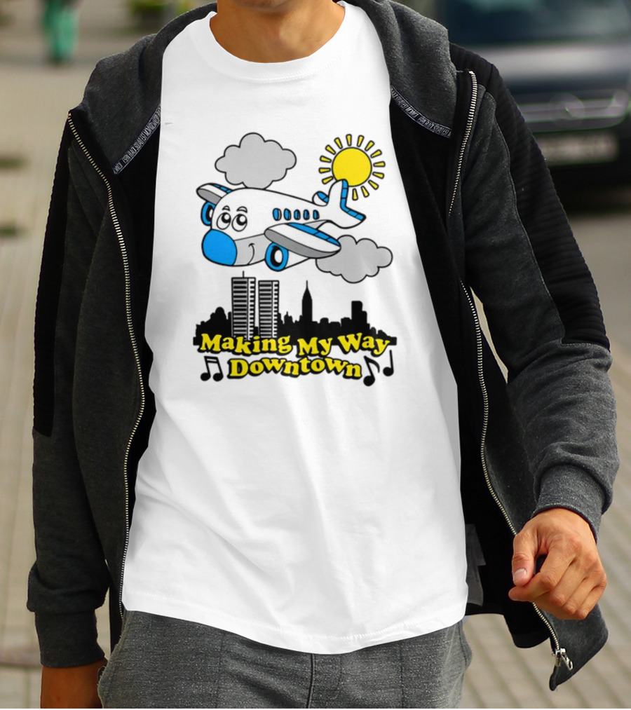 Making My Way Downtown Airplane City Skyline Sun Cloud Notes T-Shirt