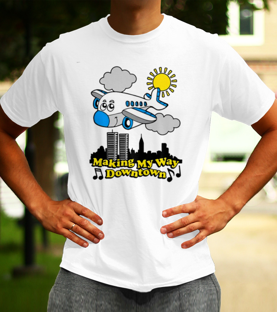 Making My Way Downtown Airplane City Skyline Sun Cloud Notes T-Shirt
