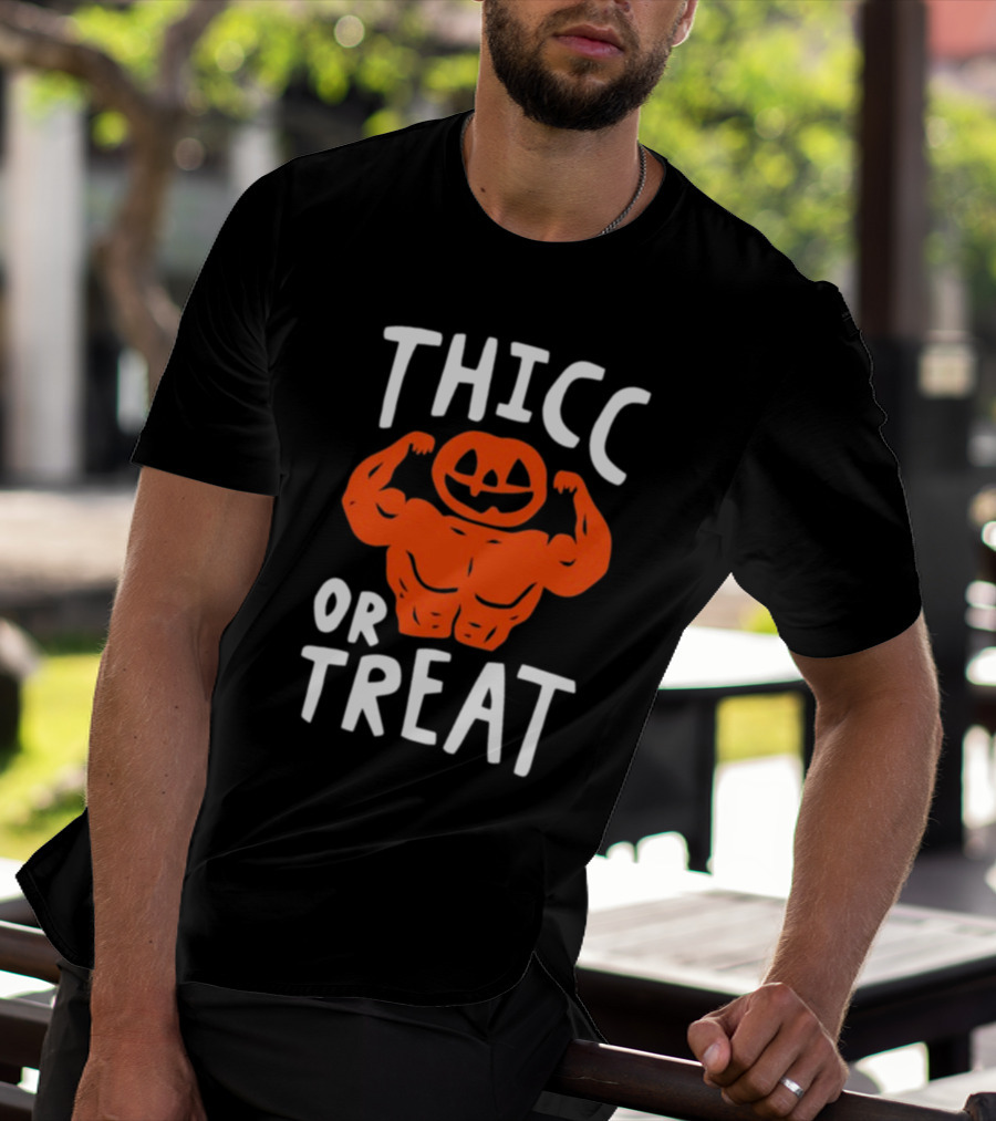 Thicc Or Treats Pumpkin Flexing Muscles T-Shirt