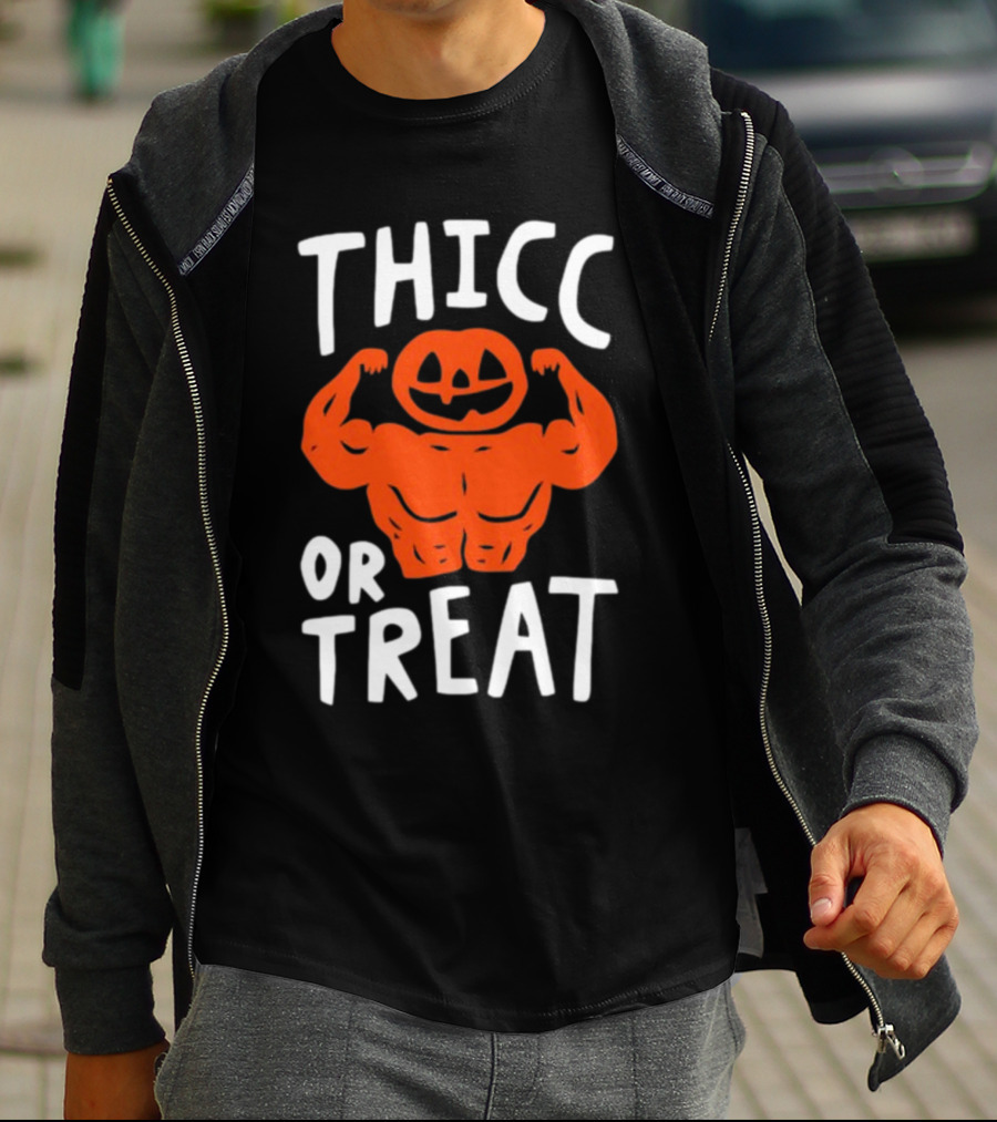 Thicc Or Treats Pumpkin Flexing Muscles T-Shirt