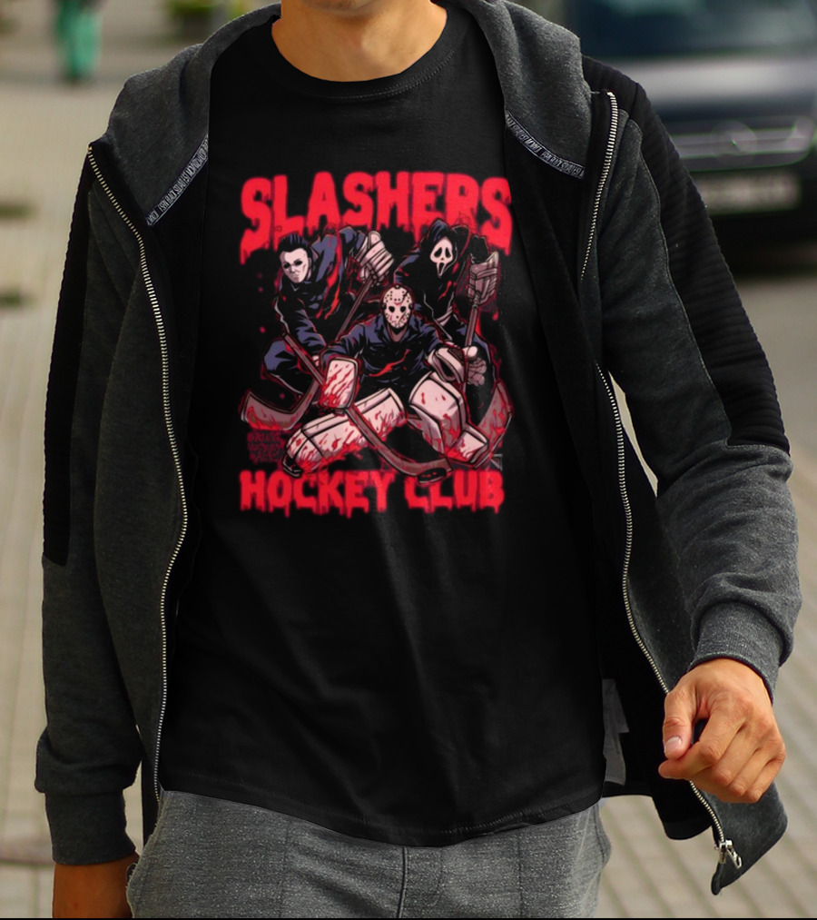 Slashers Hockey Club Horror Icons With Masks And Sticks T-Shirt