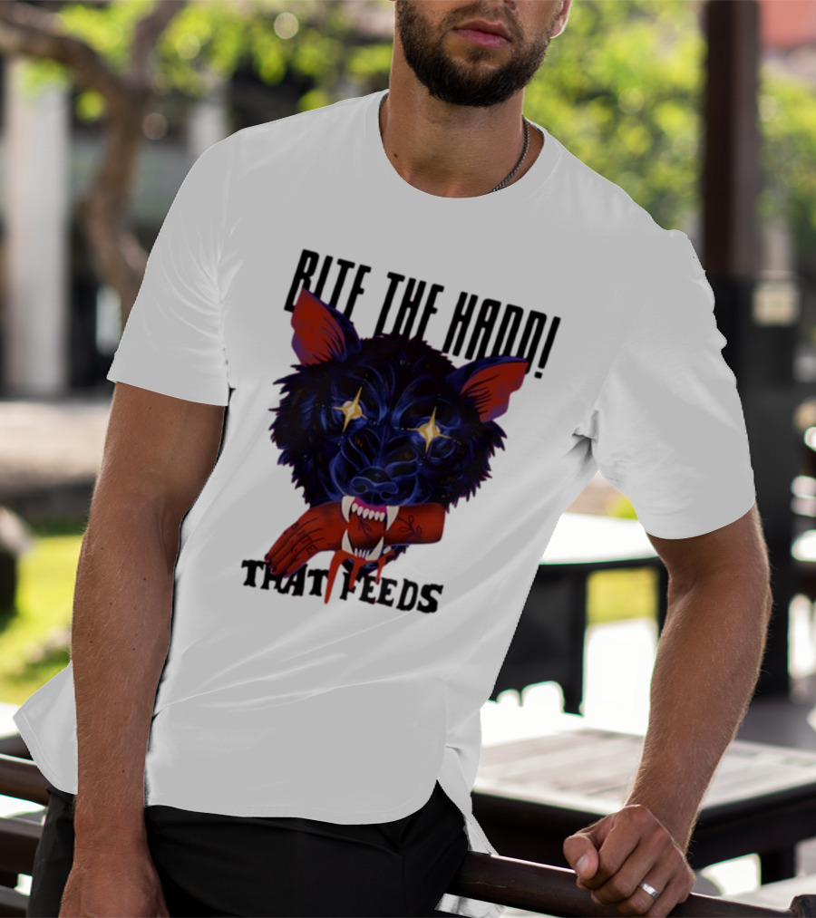 Galactixy Bite The Hand That Feeds Wolf With Glowing Eyes Holding Severed Hand T-Shirt
