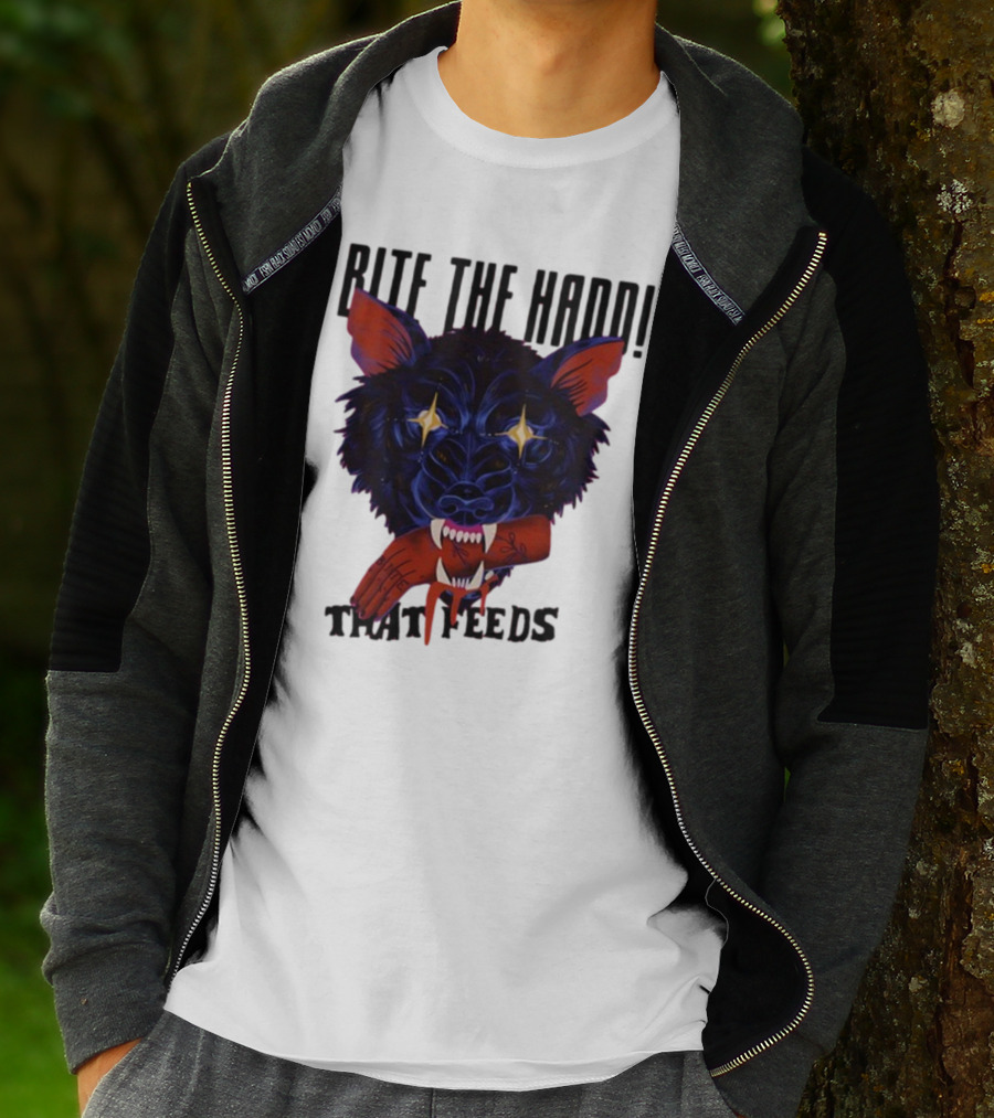 Galactixy Bite The Hand That Feeds Wolf With Glowing Eyes Holding Severed Hand T-Shirt