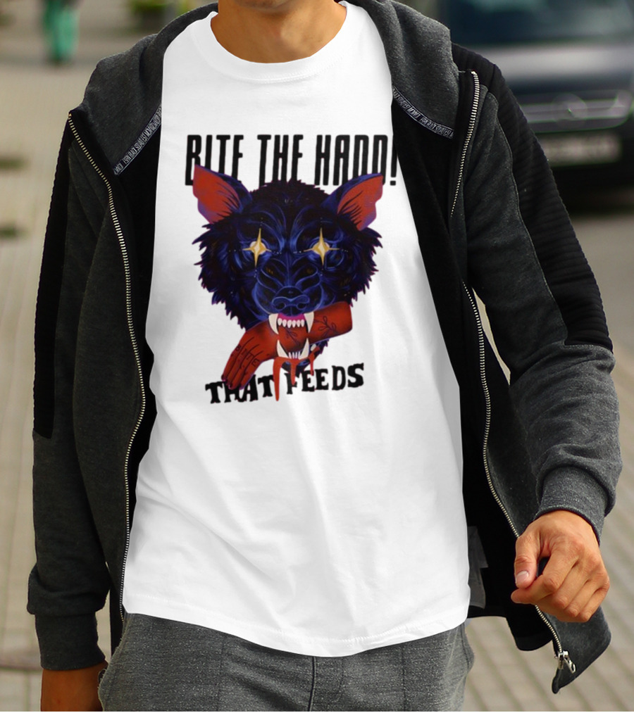 Galactixy Bite The Hand That Feeds Wolf With Glowing Eyes Holding Severed Hand T-Shirt