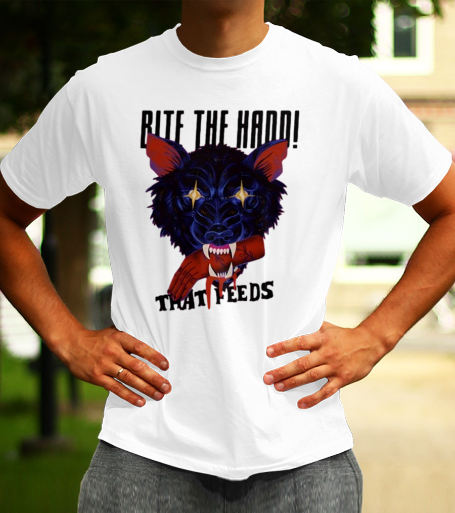 Galactixy Bite The Hand That Feeds Wolf With Glowing Eyes Holding Severed Hand T-Shirt