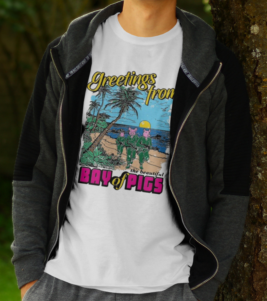 Greetings From The Beautiful Bay Of Pigs With Pig-Headed Soldiers And Tropical Beach Scene T-Shirt