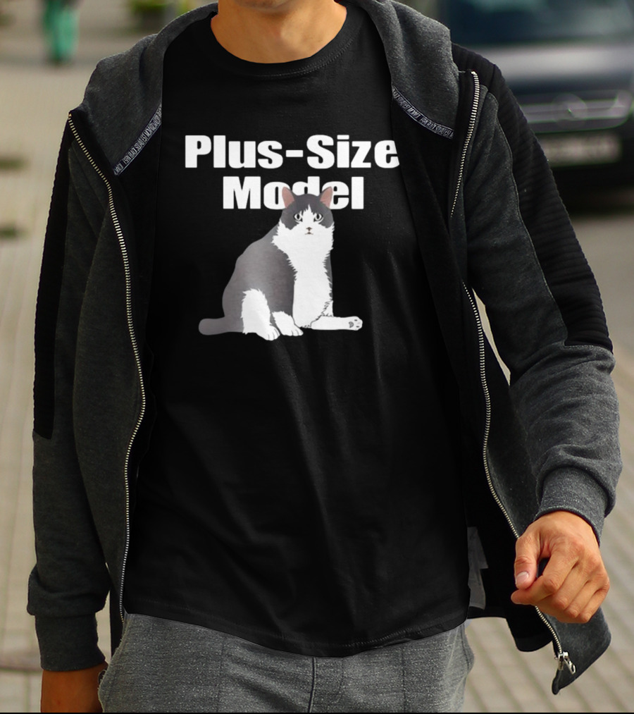 Plus-Size Model Cade Cat White Text Black Background Sitting Gray And White Cat Image T-Shirt