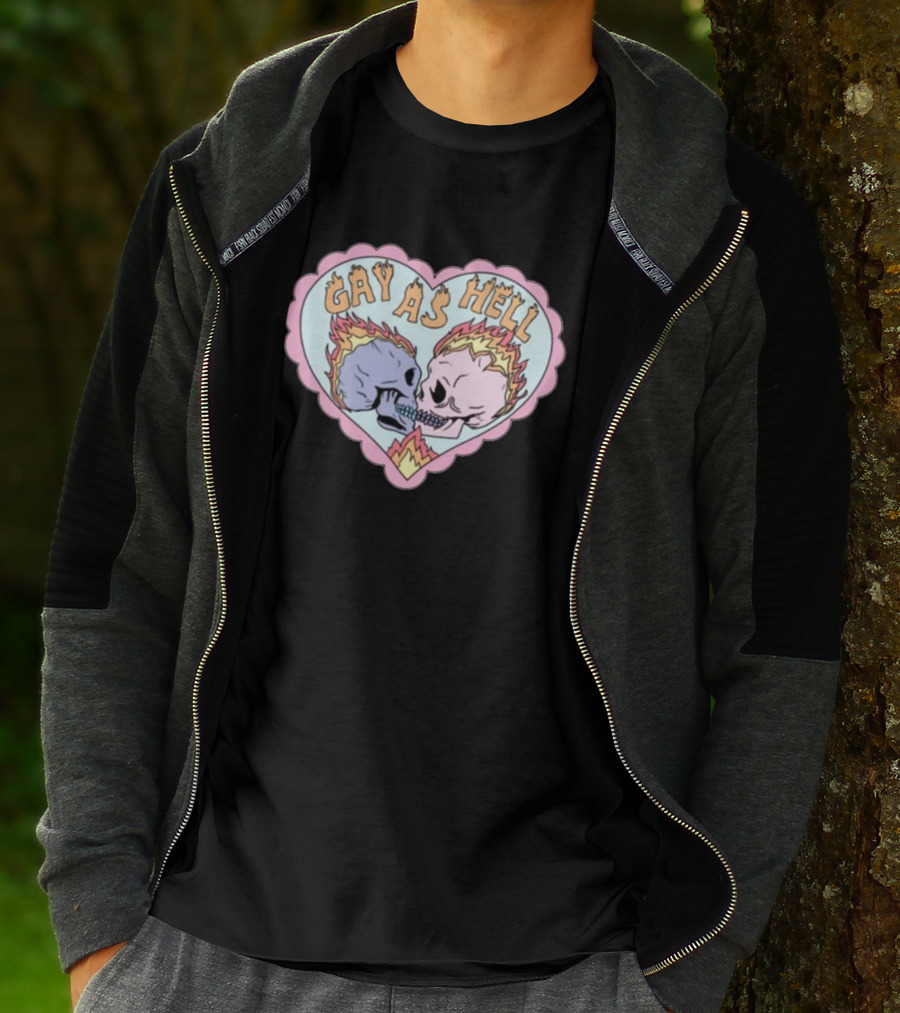 Gay As Hell Flame Skulls Heart T-Shirt