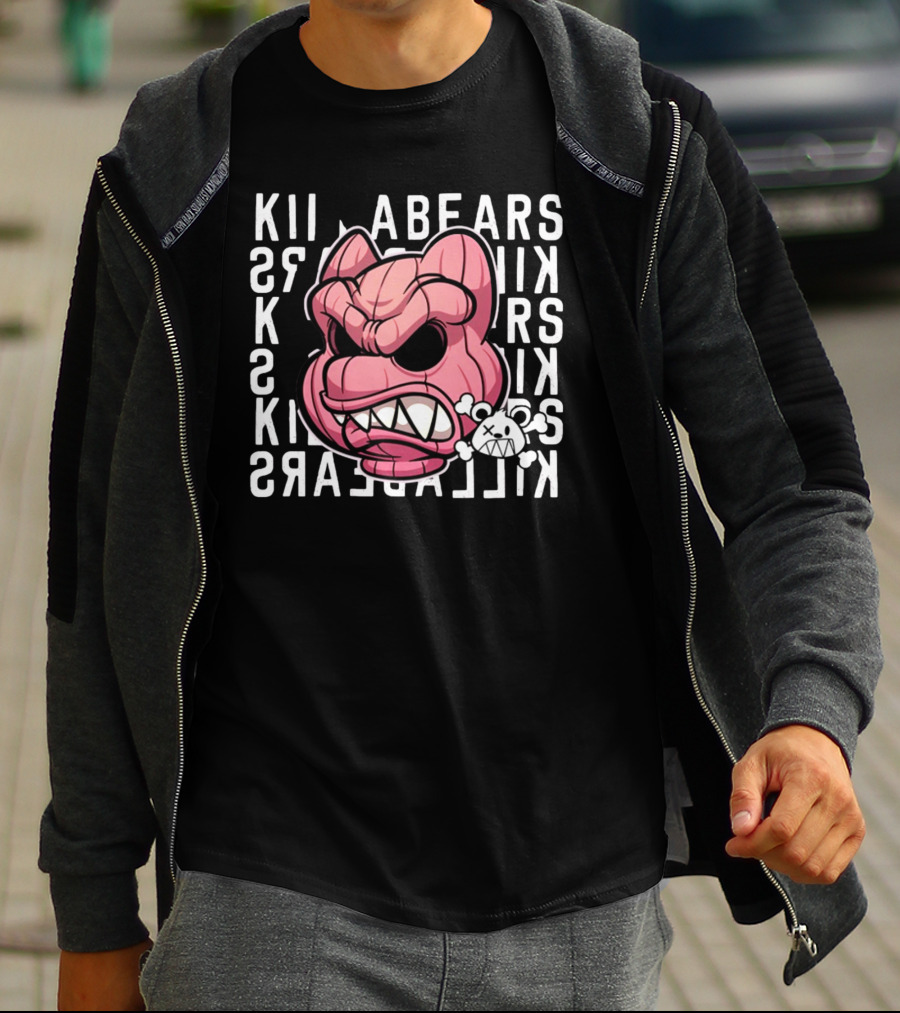 Killabears Angry Pink Bear With Skull And Bones T-Shirt