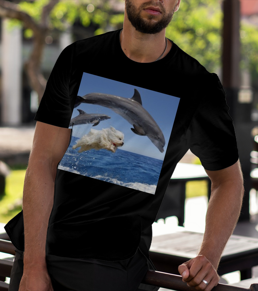 Dog Swimming With Jumping Dolphins Ocean Scene T-Shirt