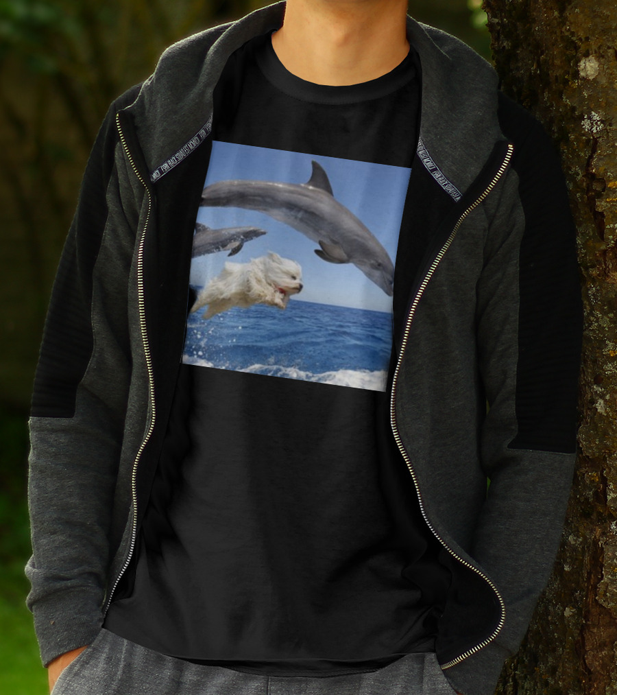 Dog Swimming With Jumping Dolphins Ocean Scene T-Shirt