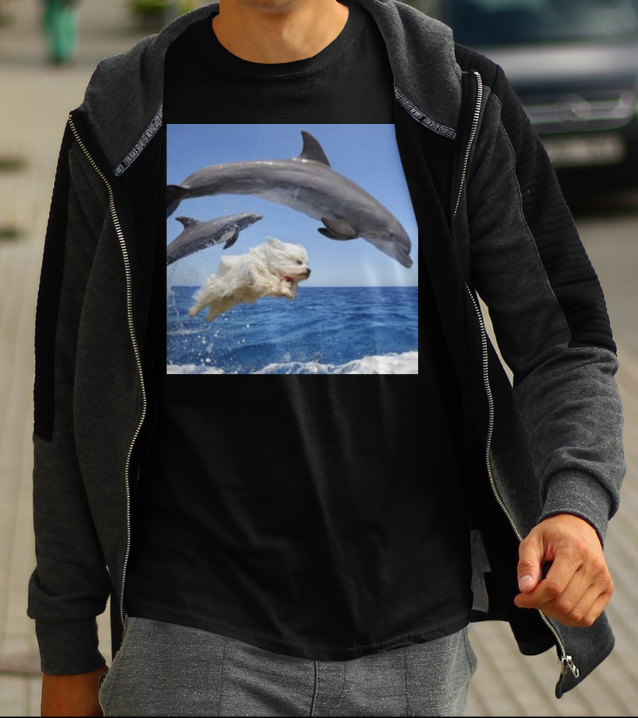 Dog Swimming With Jumping Dolphins Ocean Scene T-Shirt
