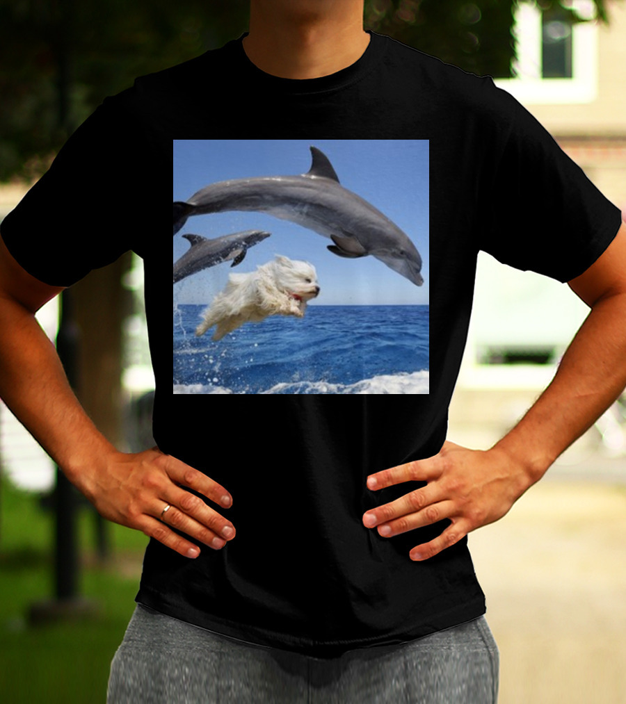 Dog Swimming With Jumping Dolphins Ocean Scene T-Shirt