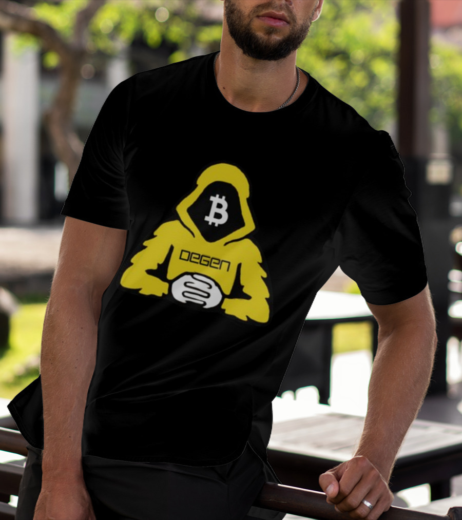 Bitcoin Degen Hooded Figure With Bitcoin Logo And Folded Hands T-Shirt