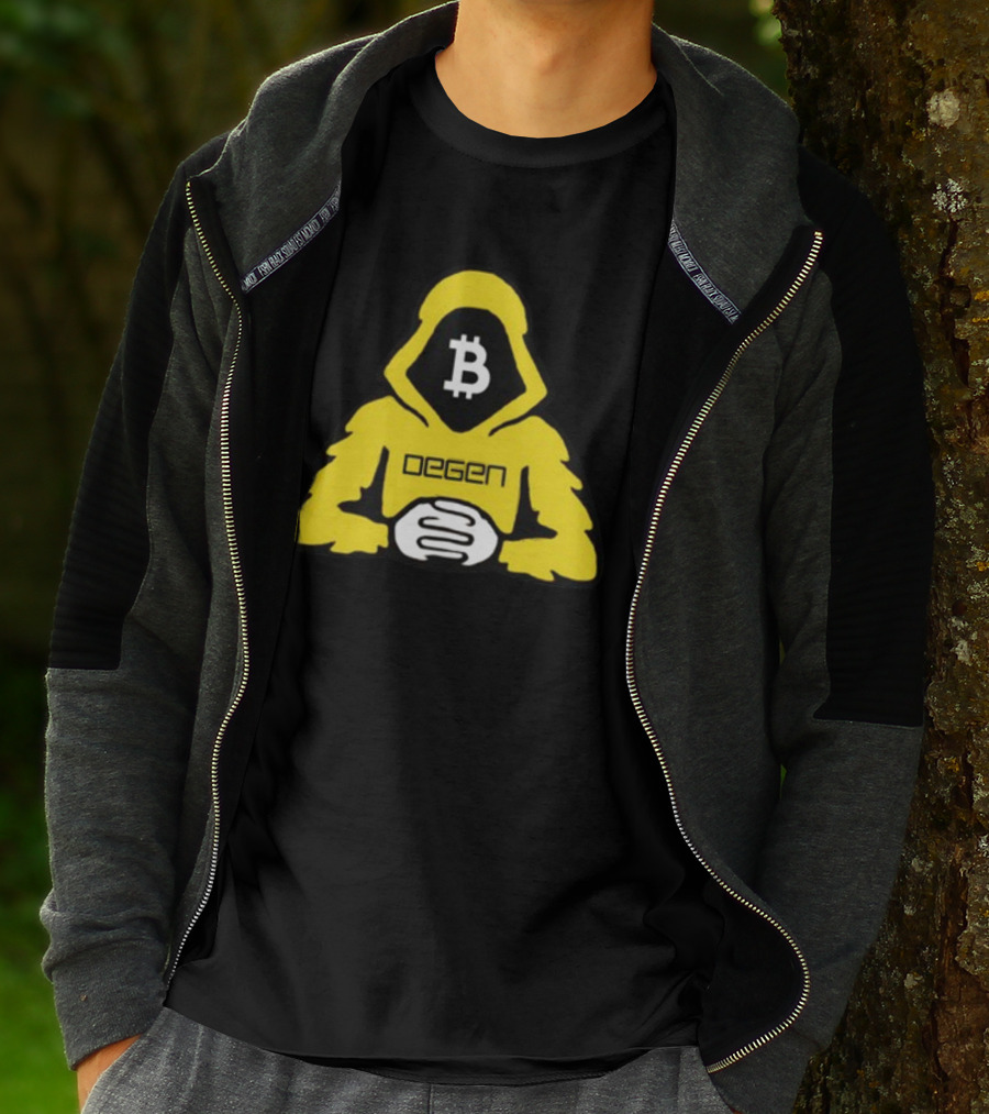 Bitcoin Degen Hooded Figure With Bitcoin Logo And Folded Hands T-Shirt
