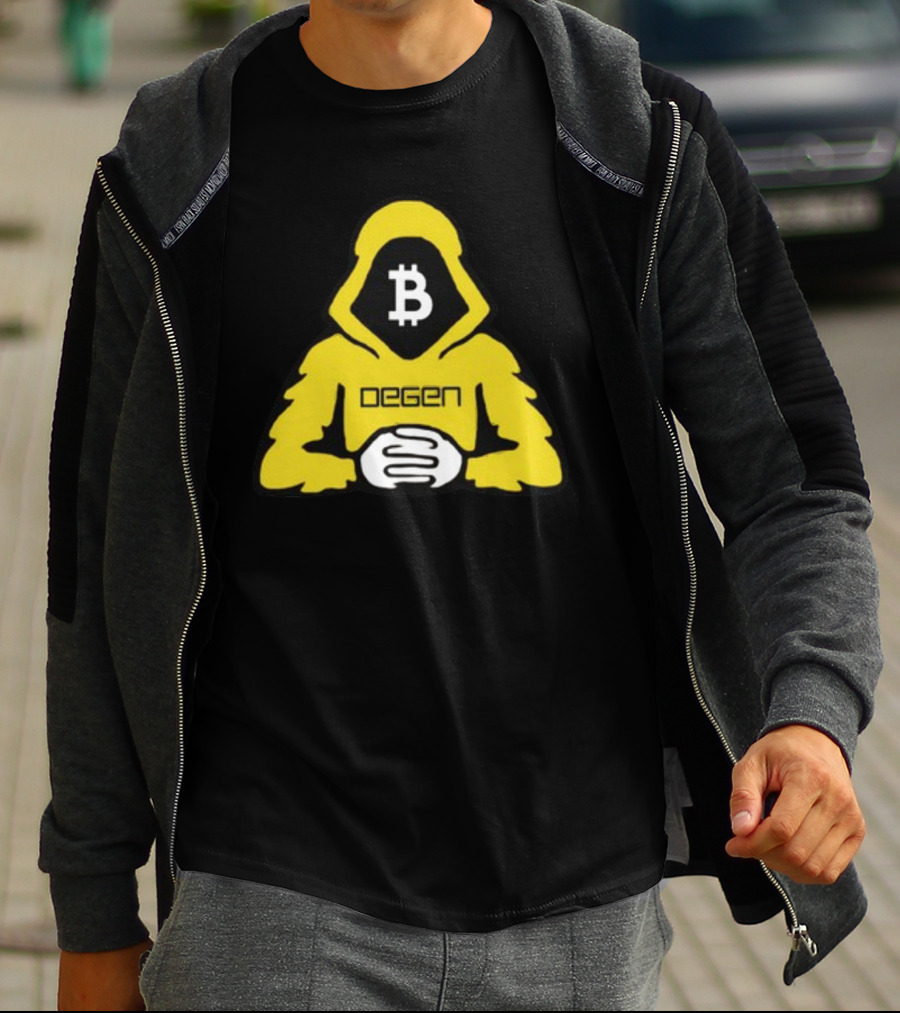 Bitcoin Degen Hooded Figure With Bitcoin Logo And Folded Hands T-Shirt