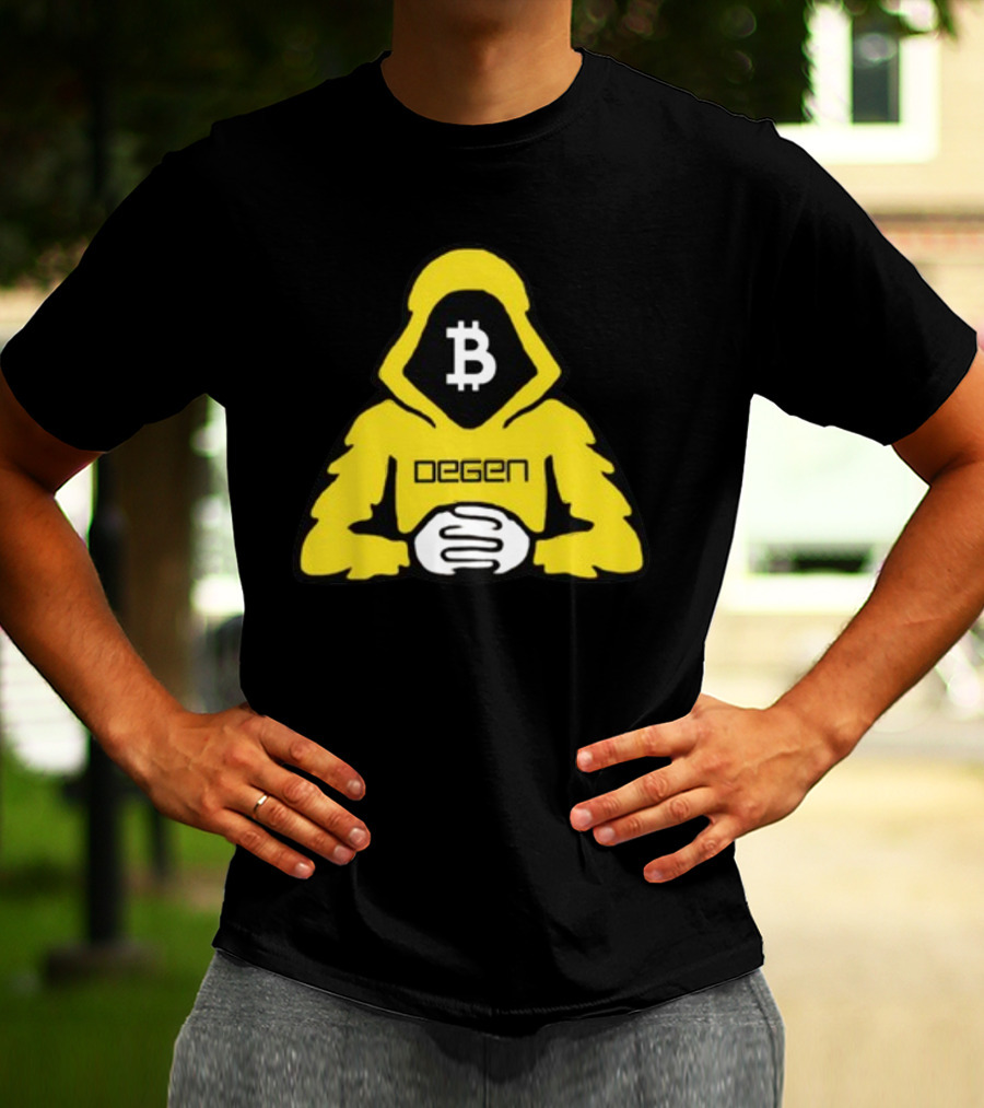 Bitcoin Degen Hooded Figure With Bitcoin Logo And Folded Hands T-Shirt