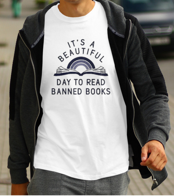 IT'S A BEAUTIFUL DAY TO READ BANNED BOOKS Open Book Rainbow T-Shirt