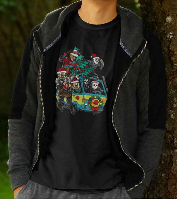 Horror Movie Characters In Christmas Santa Hats With Tree On Fun Van T-Shirt