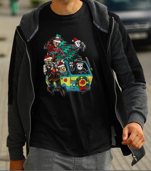 Horror Movie Characters In Christmas Santa Hats With Tree On Fun Van T-Shirt