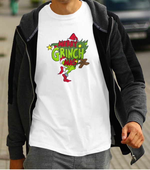 Merry Grinchmas Tree With Santa Hat And Holiday Decorations T-Shirt