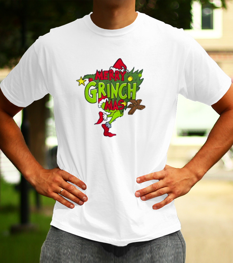 Merry Grinchmas Tree With Santa Hat And Holiday Decorations T-Shirt