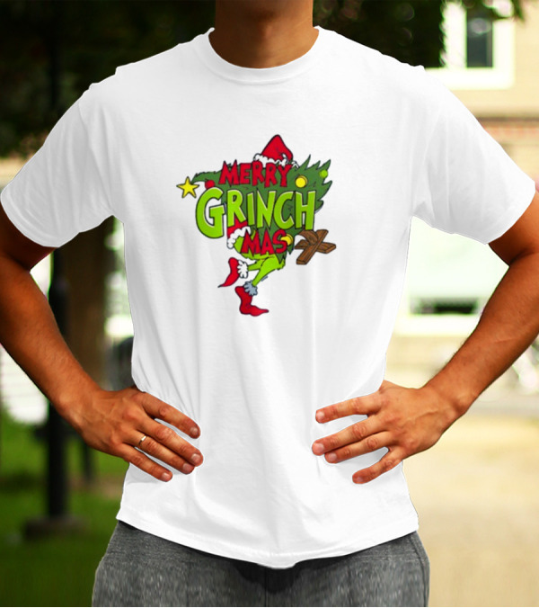 Merry Grinchmas Tree With Santa Hat And Holiday Decorations T-Shirt